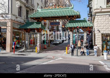 Exploring Chinatown in San Francisco, California. This is the traditional entrance to Chinatown. Stock Photo