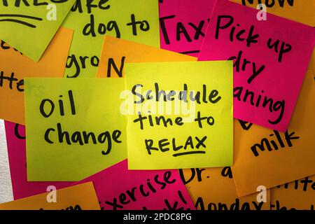 Schedule Time to Relax Reminder Note Placed Above Other Todo Memos Stock Photo