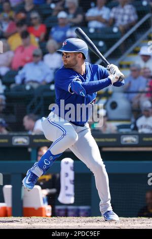 BRADENTON, FL - MARCH 07: Toronto Blue Jays first baseman Cavan Biggio (8)  looks on during an MLB Spring Training game against the Pittsburgh Pirates  on March 07, 2023 at LECOM Park