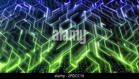Image of binary coding over neon network of connections Stock Photo