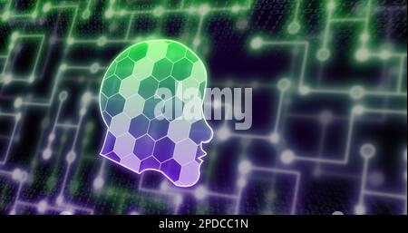 Image of digital head over network of connections and binary coding Stock Photo