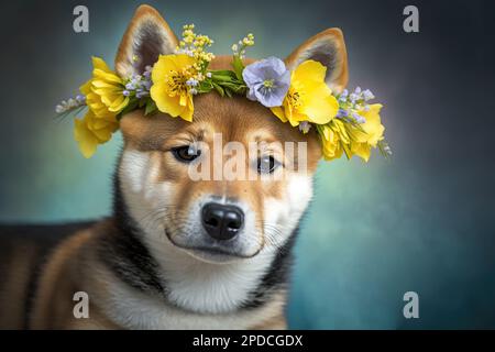 Cute fluffy Shiba Inu puppy with a wreath of flowers, portrait. Template for postcard, layout with copy space, print ready image Stock Photo