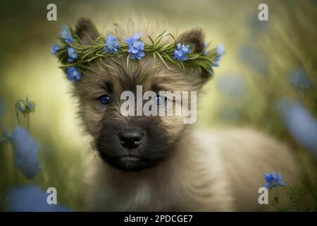 Cute fluffy puppy with a wreath of blue flowers, portrait. Template for postcard, layout with copy space Stock Photo