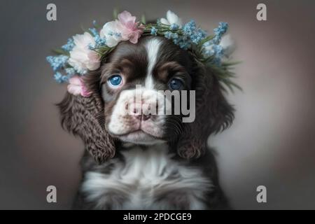 Cute fluffy puppy with a wreath of blue flowers, portrait. Template for postcard, layout with copy space Stock Photo