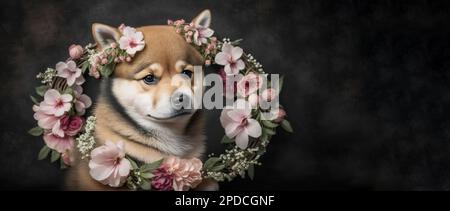 Cute fluffy Shiba Inu puppy with a wreath of flowers, portrait. Template for postcard, layout with copy space, print ready image Stock Photo