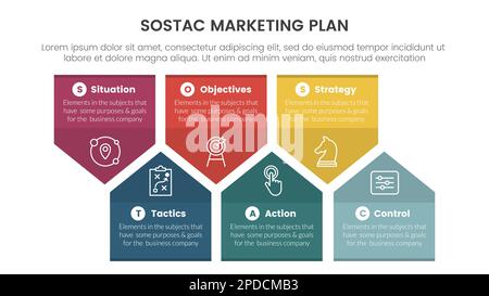 sostac digital marketing plan infographic 6 point stage template with bookmark badge shape concept for slide presentation vector Stock Photo