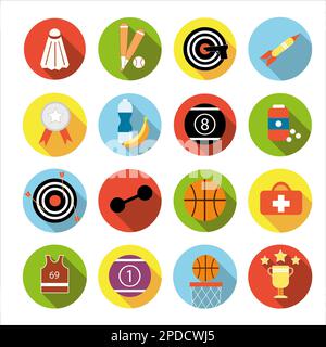 Collection of icons with different sports and healthy eating in flat design with shadows Stock Photo