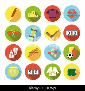 Collection of icons with different sports and healthy eating in flat design with shadows Stock Photo
