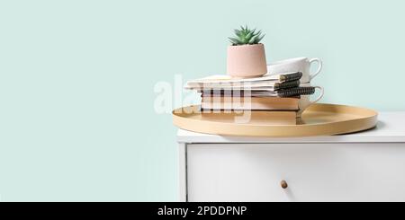 Tray with books, notebooks, succulent plant and cups on chest of drawers in room Stock Photo