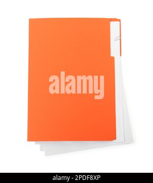 Orange file with documents isolated on white, top view Stock Photo