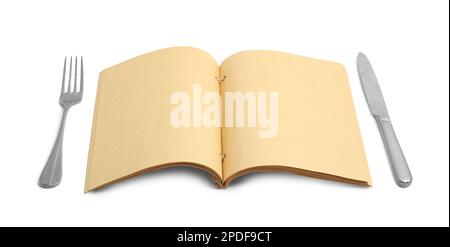 Blank recipe book and cutlery on white background. Space for text Stock Photo