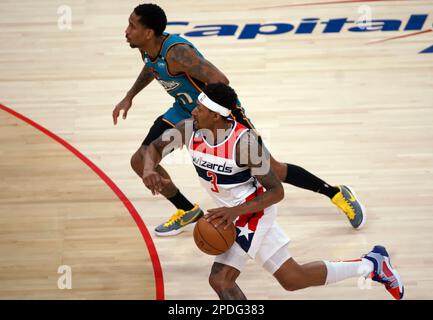 Washington, USA. 14th Apr, 2023. WASHINGTON, DC - MARCH 14: Washington Wizards guard Bradley Beal (3) comes up court with Detroit Pistons guard Rodney McGruder (17) during a NBA game between the Washington Wizards and the Detroit Pistons, on March 14, 2023, at Capital One Arena, in Washington, DC. (Photo by Tony Quinn/SipaUSA) Credit: Sipa USA/Alamy Live News Stock Photo