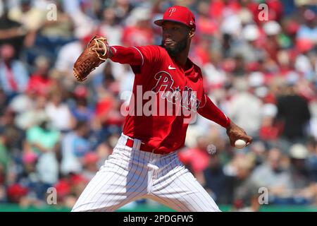 CLEARWATER, FL - March 14: Philadelphia Phillies Pitcher Yunior Marte (43)  delivers a pitch to the plate during the spring training game between the  Atlanta Braves and the Philadelphia Phillies on March