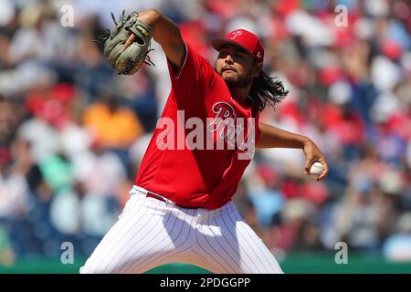 CLEARWATER, FL - March 14: Atlanta Braves pitcher Bryce Elder (55) delivers  a pitch to the plate during the spring training game between the Atlanta  Braves and the Philadelphia Phillies on March