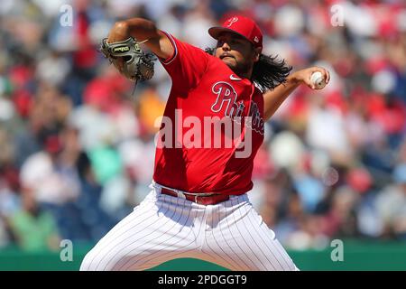 CLEARWATER, FL - March 14: Philadelphia Phillies Pitcher Yunior Marte (43)  delivers a pitch to the plate during the spring training game between the  Atlanta Braves and the Philadelphia Phillies on March