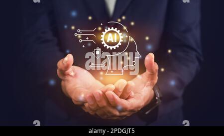 Concept of artificial intelligence or AI in business. Man using AI smart robot technology, Futuristic technology transformation Stock Photo
