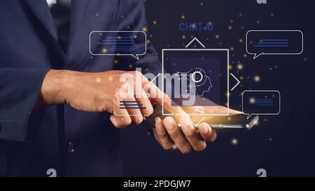 Businessman using Global Internet technology with Artificial intelligence. use command prompt to produce something, Stock Photo