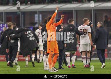 Milan, Italy. 13th Mar, 2023. Italy, Milan, march 13 2023: Guillermo Ochoa (Salernitana goalkeeper) greets the fans at the end of soccer game AC MILAN vs SALERNITANA, Serie A Tim 2022-2023 day26 San Siro stadium (Credit Image: © Fabrizio Andrea Bertani/Pacific Press via ZUMA Press Wire) EDITORIAL USAGE ONLY! Not for Commercial USAGE! Stock Photo