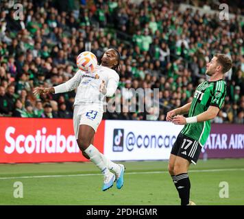 Austin, Texas, USA. 14th Mar, 2023. Violette defender Denilson Pierre (23) takes possession working against Austin FC forward Jon Gallagher (17) during a CONCACAF Champions League match on March 14, 2022 in Austin. Austin won 2-0 but Violette won the round on aggregate, 3-2. (Credit Image: © Scott Coleman/ZUMA Press Wire) EDITORIAL USAGE ONLY! Not for Commercial USAGE! Stock Photo
