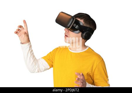 Happy man play vr eyeglasses isolated on white background, Stock Photo