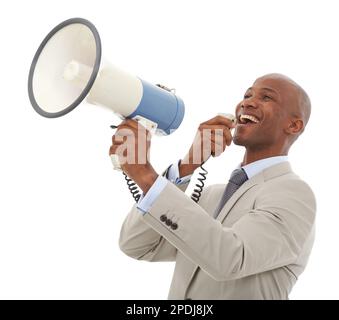 Making a big business announcement. An African-American businessman speaking over a loudspeaker. Stock Photo