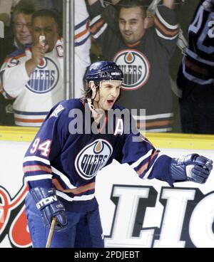 Edmonton's Ryan Smyth celebrates his goal during the second period of the  Dallas Stars-Edmonton Oilers game October 28, 2005 in Dallas, TX. The Oilers  beat the Stars 5-3. (UPI Photo/Ian Haperin Stock