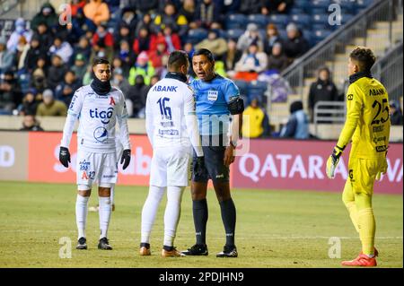 Chester, Pennsylvania, USA. 14th Mar, 2023. March 14, 2023, Chester PA- t Alianza FC player HENRY ROMERO (16) argues with the Ref in the second-leg of the Scotiabank Concacaf Champions League Round of 16 at Subaru Park The Union won 4-0 and advanced to the quarter finals. (Credit Image: © Ricky Fitchett/ZUMA Press Wire) EDITORIAL USAGE ONLY! Not for Commercial USAGE! Stock Photo
