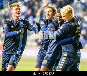 Chester, Pennsylvania, USA. 14th Mar, 2023. March 14, 2023, Chester PA- Philadelphia Union players celebrate after scoring a goal in the second-leg of the Scotiabank Concacaf Champions League Round of 16 at Subaru Park The Union won 4-0 and advanced to the quarter finals. (Credit Image: © Ricky Fitchett/ZUMA Press Wire) EDITORIAL USAGE ONLY! Not for Commercial USAGE! Stock Photo