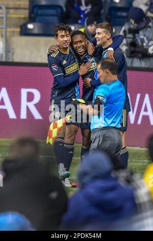 Chester, Pennsylvania, USA. 14th Mar, 2023 - Andres Perea celebrates a brace with his teammates at Subaru Park where the Philadelphia Union defeat Alianza FC in the Scotiabank CONCACAF Champions Leauge Round of 16 (Credit Image: Don Mennig Alamy News) Stock Photo