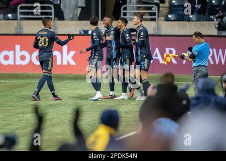 Chester, Pennsylvania, USA. 14th Mar, 2023 - Andres Perea celebrates a brace with his teammates at Subaru Park where the Philadelphia Union defeat Alianza FC in the Scotiabank CONCACAF Champions Leauge Round of 16 (Credit Image: Don Mennig Alamy News) Stock Photo