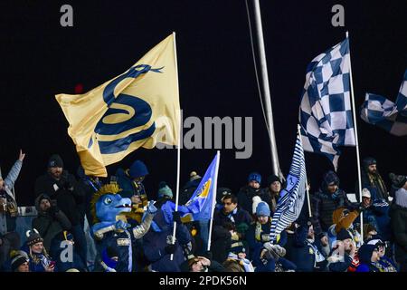 Chester, Pennsylvania, USA. 14th Mar, 2023 - Fans celebrate at Subaru Park where the Philadelphia Union defeat Alianza FC in the Scotiabank CONCACAF Champions Leauge Round of 16 (Credit Image: Don Mennig Alamy News) Stock Photo