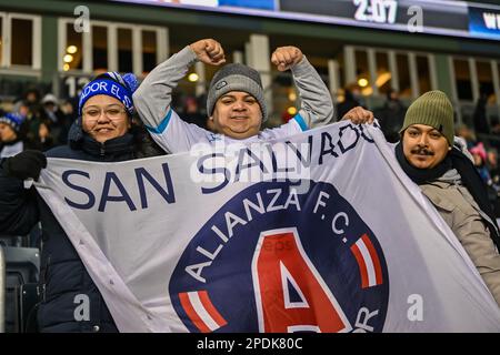 Chester, Pennsylvania, USA. 14th Mar, 2023 - Alianza FC fans celebrate before the game at Subaru Park where the Philadelphia Union defeat Alianza FC in the Scotiabank CONCACAF Champions Leauge Round of 16 (Credit Image: Don Mennig Alamy News) Stock Photo
