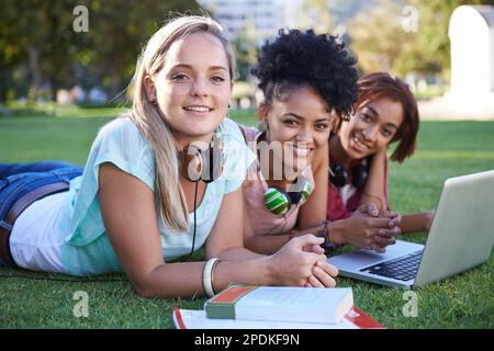 Study friends. Portrait of a group of smiling university students lying on the grass studying. Stock Photo