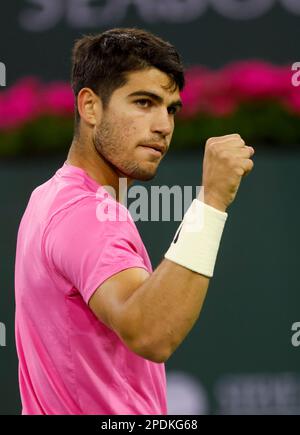 March 14, 2023 Carlos Alcaraz of Spain reacts to winning a point against Jack Draper of Great Britain during the 2023 BNP Paribas Open at Indian Wells Tennis Garden in Indian Wells, California. Mandatory Photo Credit: Charles Baus/CSM Stock Photo