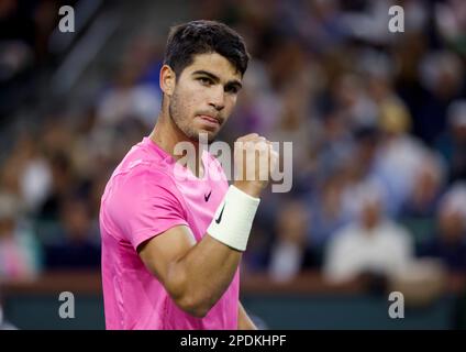 March 14, 2023 Carlos Alcaraz of Spain reacts to winning a point against Jack Draper of Great Britain during the 2023 BNP Paribas Open at Indian Wells Tennis Garden in Indian Wells, California. Mandatory Photo Credit: Charles Baus/CSM Stock Photo