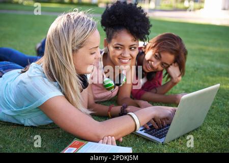 Studying made fun. Three young students lying on the grass in a park and using a laptop. Stock Photo