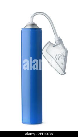 Front view of blue metal oxygen cylinder with tube and mask isolated on white Stock Photo