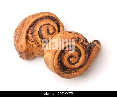 Top view of sweet puff buns with poppy seeds isolated on white Stock Photo