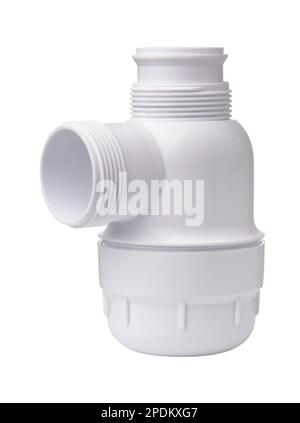 White plastic sink drain trap isolated on white Stock Photo