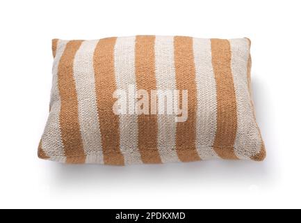Front view of handmade knitted striped throw pillow isolated on white Stock Photo