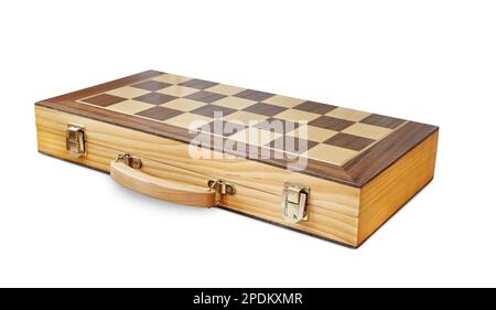Closed wooden chessboard with handle isolated on white Stock Photo