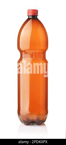 Front view of empty brown plastic PET bottle with red cap isolated on white Stock Photo