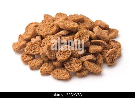 Heap of homemade rye bread croutons isolated on white Stock Photo