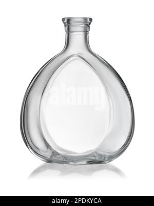 Front view of empty clear glass alcohol bottle isolated on white Stock Photo