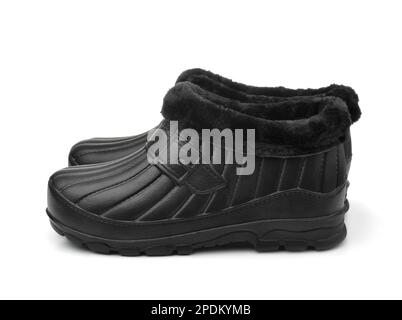 Side view of black low rubber boots with faux fur isolated on white Stock Photo