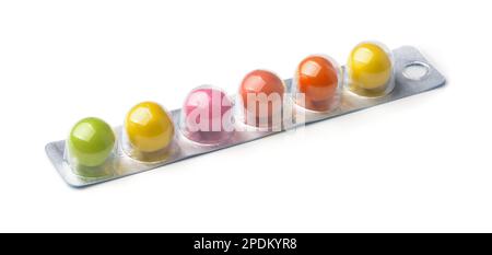 Stick pack of colorful chewing gum balls isolated on white Stock Photo