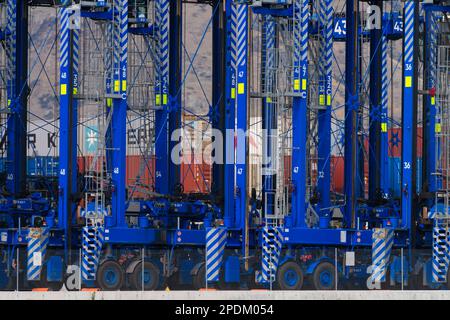 Dockside container port cranes in a line ready for cargo lifting, Lyttelton harbour, Christchurch, New Zealand. Stock Photo