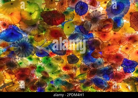 Closeup of the Dale Chihuly blown glass sculpture installed on the ceiling of the Bellagio Hotel and Casino in Las Vegas, Nevada USA. Stock Photo