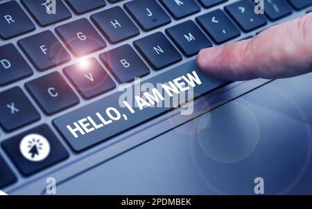 Writing displaying text Hello, I Am New. Word for introducing oneself in a group as fresh worker or student Stock Photo