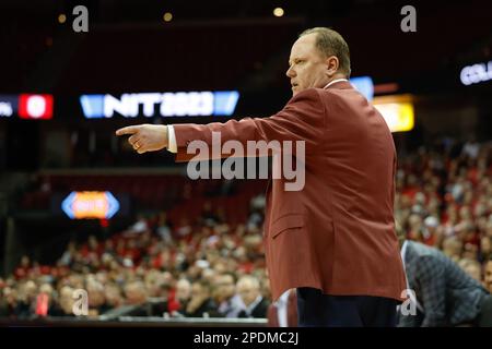 Madison, WI, USA. 14th Mar, 2023. Wisconsin Badgers head coach Greg Gard during the NCAA basketball NIT First Round game between the Bradley Braves and the Wisconsin Badgers at the Kohl Center in Madison, WI. Darren Lee/CSM/Alamy Live News Stock Photo